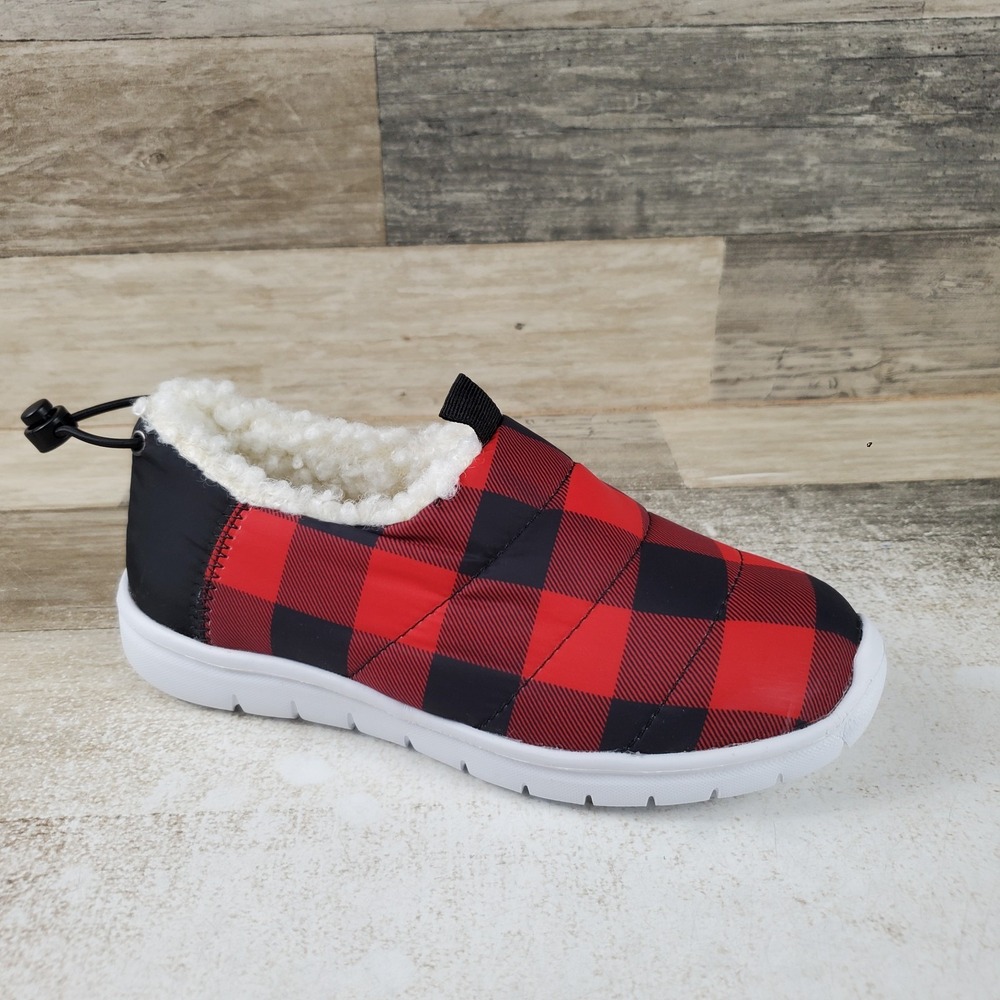 Tundra Lites Kids Shoes Sz 1 Red & Black Buffalo Plaid Slip-On Faux Fur Classic